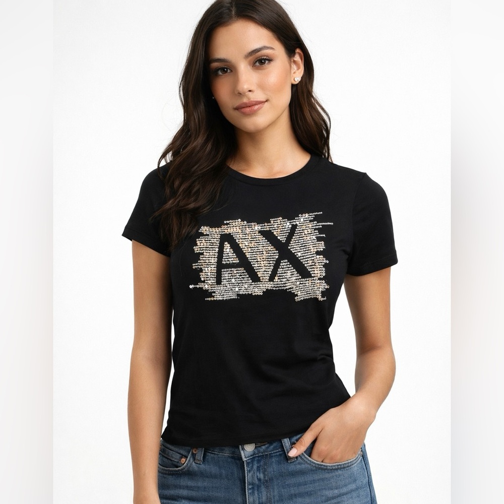 Armani Exchange Black Sequin Sparkle Logo T-shirt Womens small